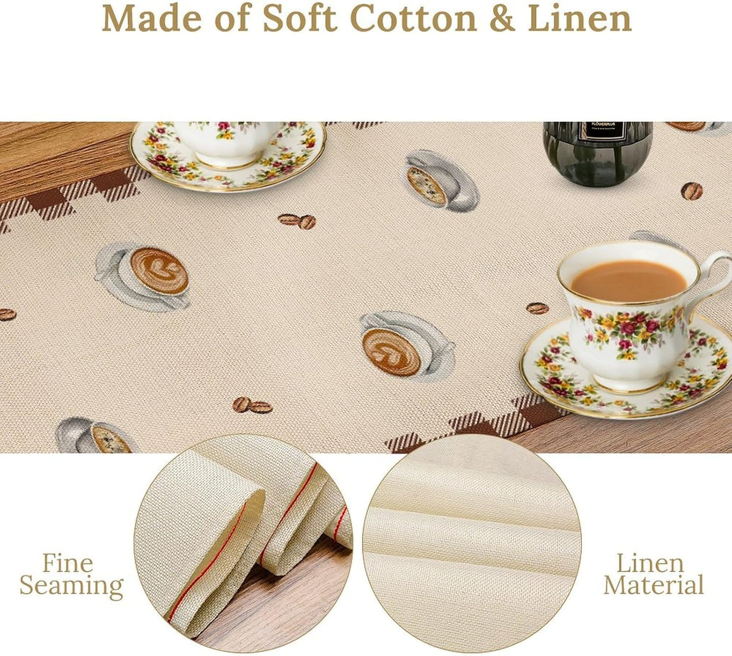 Coffee Time Table Runner, Farmhouse Retro Gnome Coffee Cup Tea Party Cafe Table Center Decor for Home Kitchen Dining Patio Holiday Party Indoor Outdoor Table Decorations,13"x108" Inch