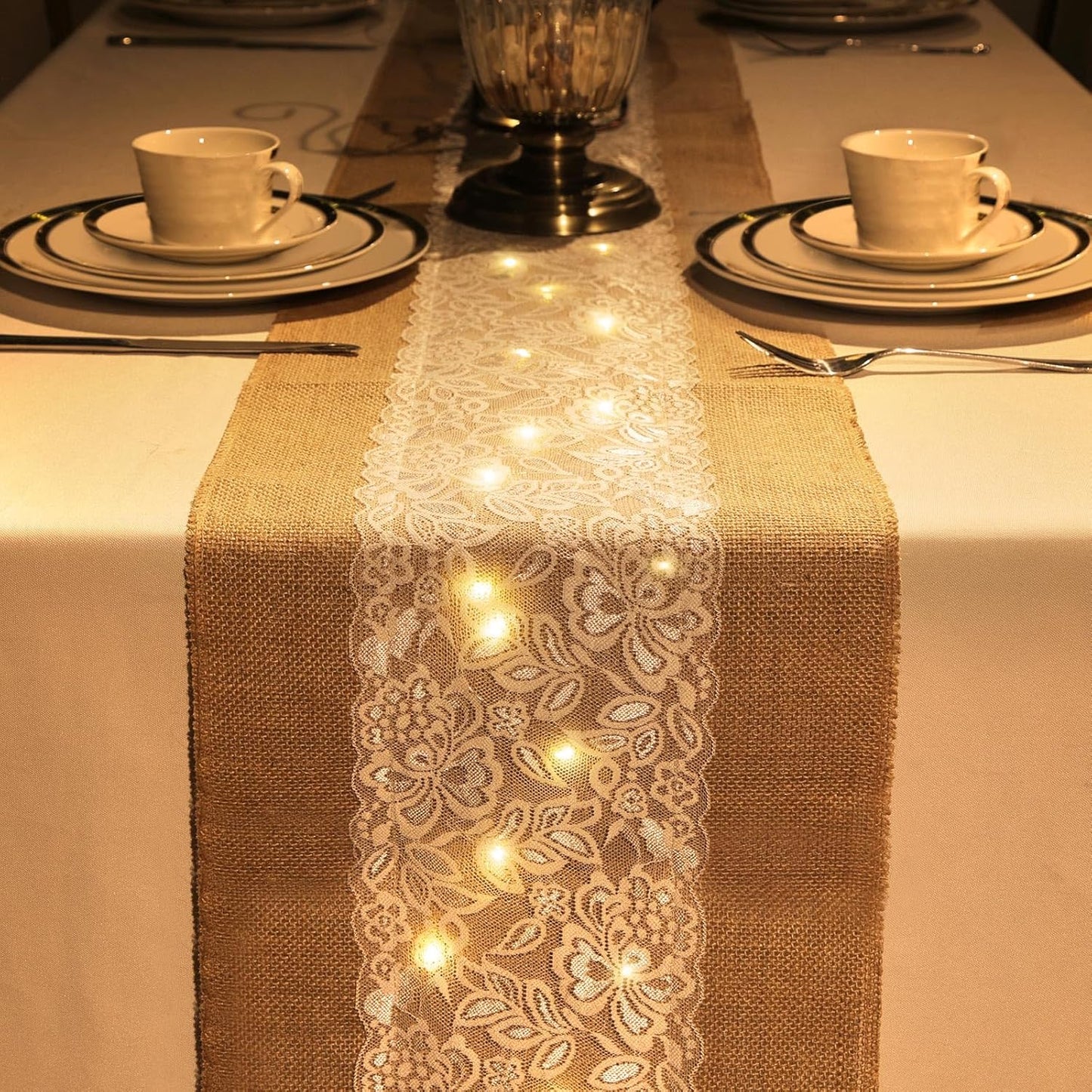 Xinnun 6 Pack Burlap Table Runner with LED String Lights, Modern Rustic Lace Natural Vintage Boho Jute Wedding Table Decor for Farmhouse Thanksgiving Christmas(Modern Neutral,12x70 Inches)