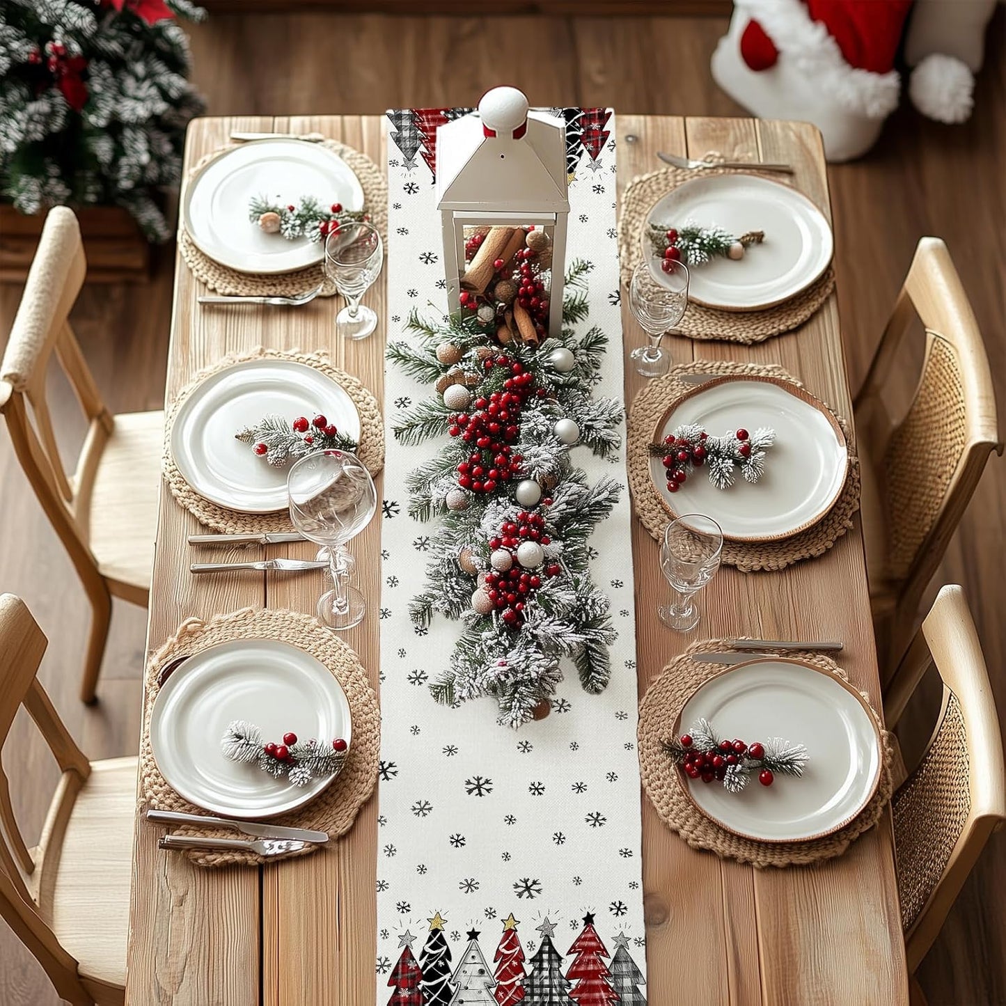 GEEORY Christmas Table Runner 13x90 Inch, Xmas Tees Snowflakes Holiday Decorative Farmhouse Table Decoration for Kitchen Dinning, Indoor Outdoor Dinner Party Decor ((Red & Black) GT165-90