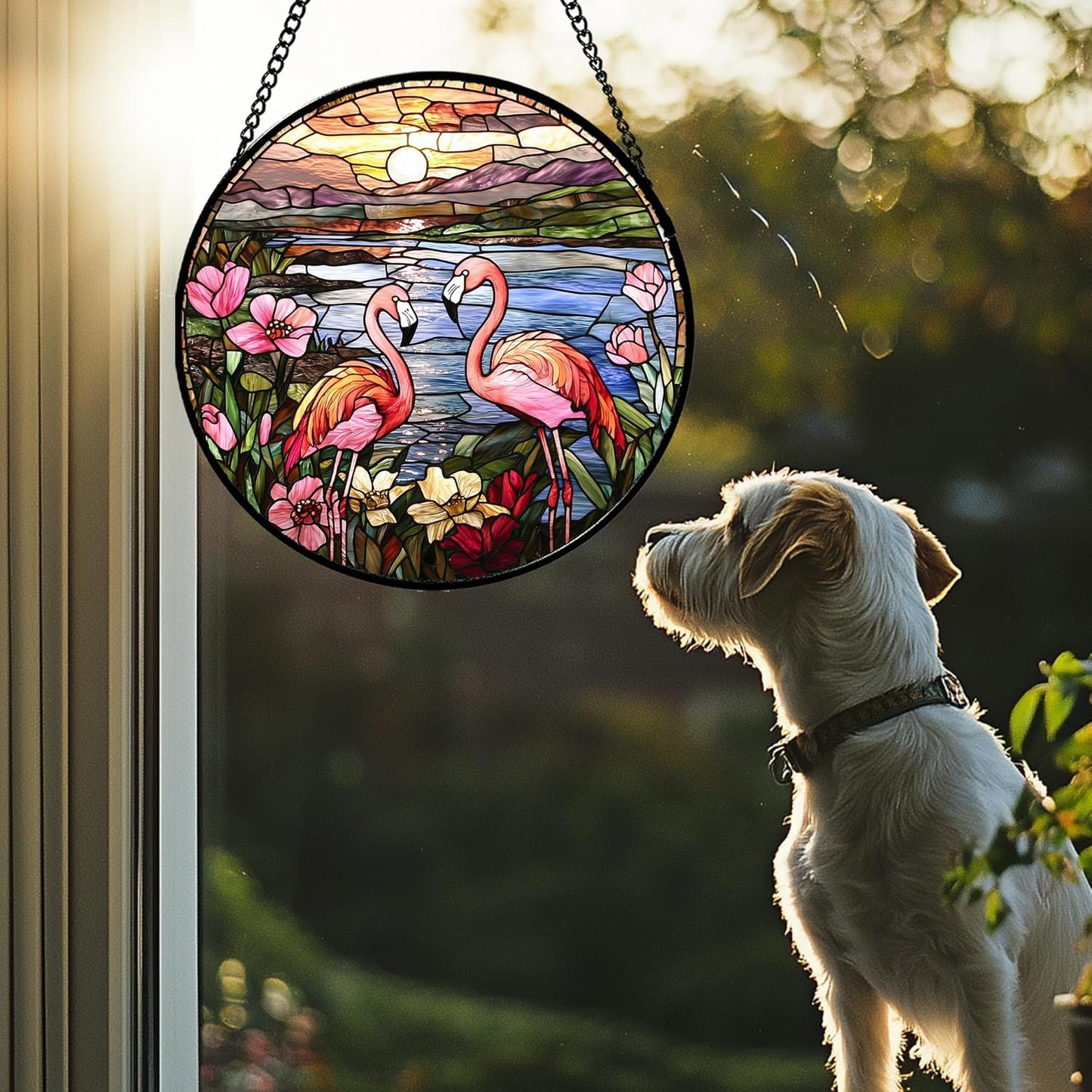 Stained Glass Window Hanging - Flamingo Wildflowers Landscape Suncatcher for Door Terrace Garden Home Decor Sunset Lake Sun Catcher Birthday Gifts for Lovers Women Men Dad Mom Nana 15 in