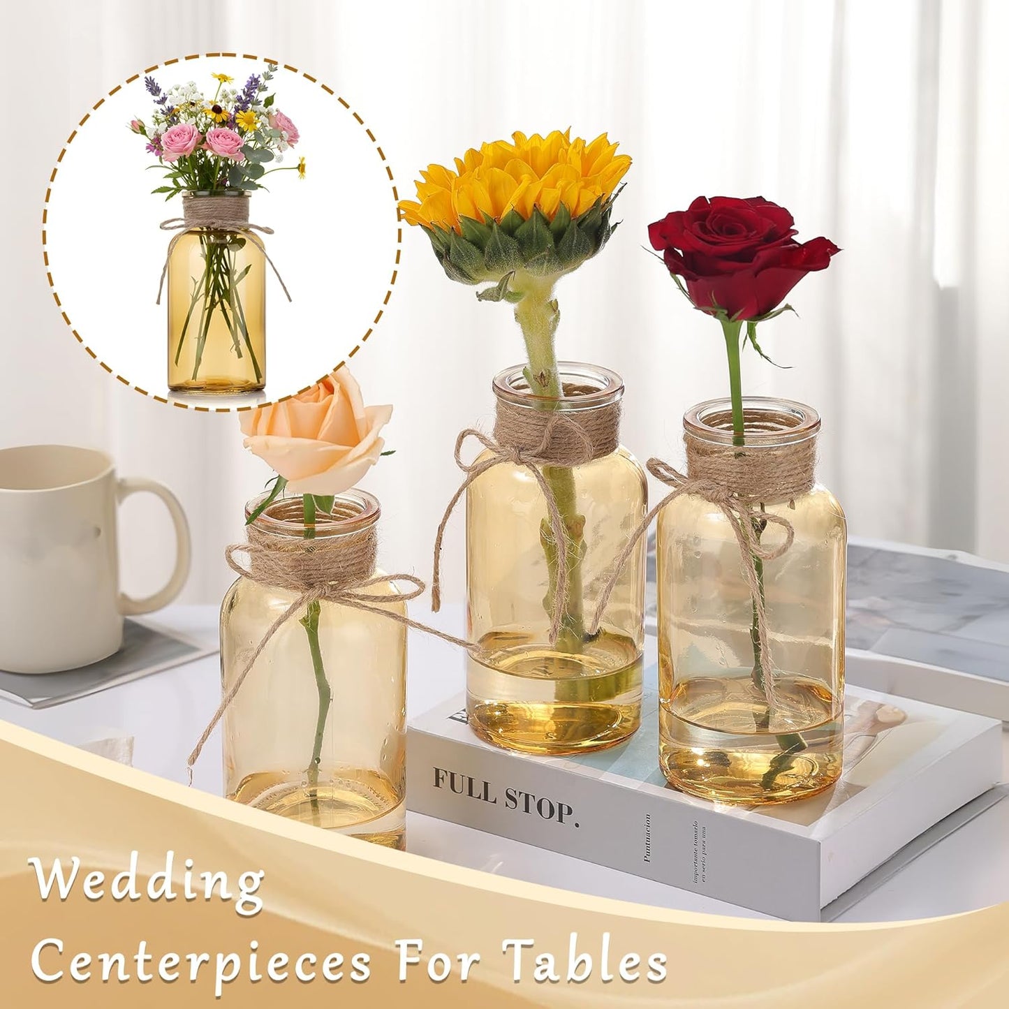Gold Vases for Centerpieces Set of 12, Mason Jars Boho Cylinder Bud Vases in Bulk, Flower Glasses for Weddings Parties Vintage Home Decor