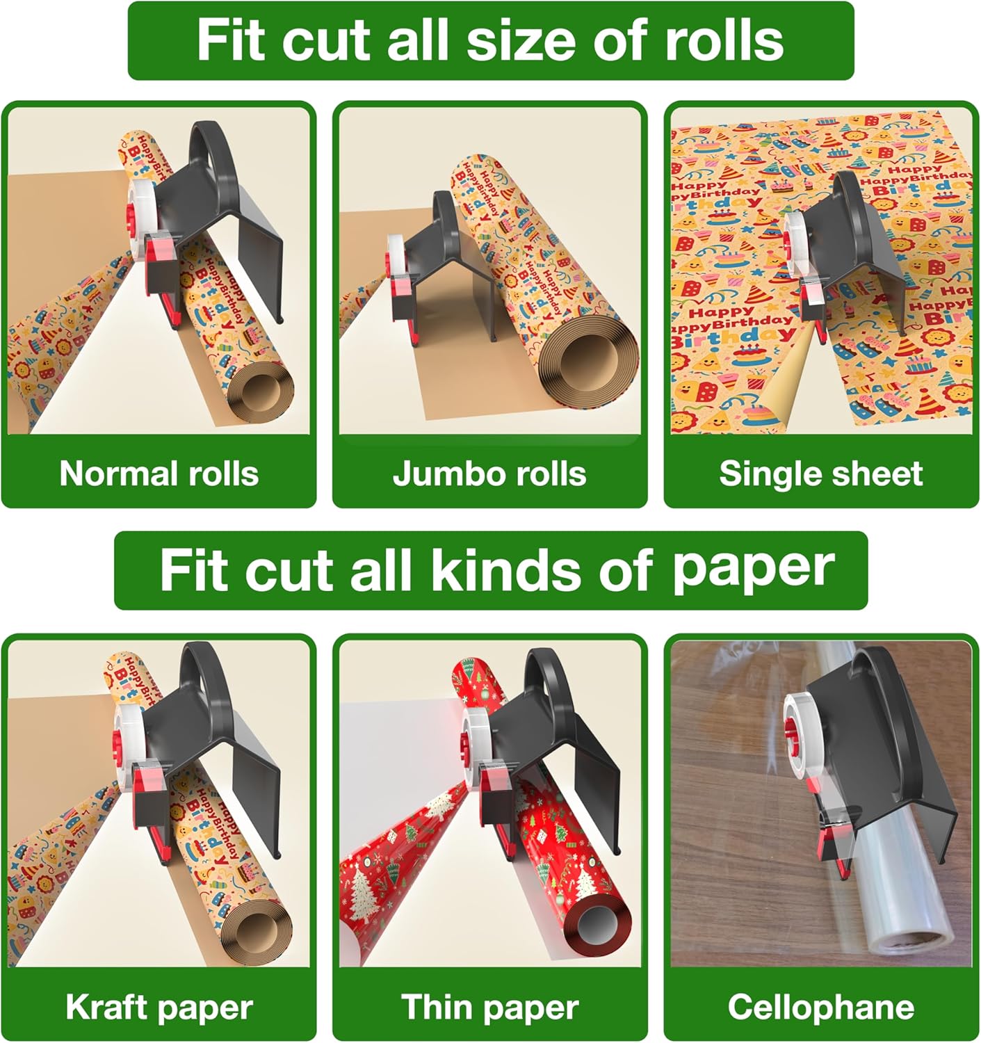 (2-Pack) Wrapping Paper Cutter & Tape Dispenser Dual Use with 4 Tapes，2 Replace Blades Kit for Christmas Gift Wrap Cutter Tool Paper Roll Holder Tube Sliding Slicing for Birthday Holiday.