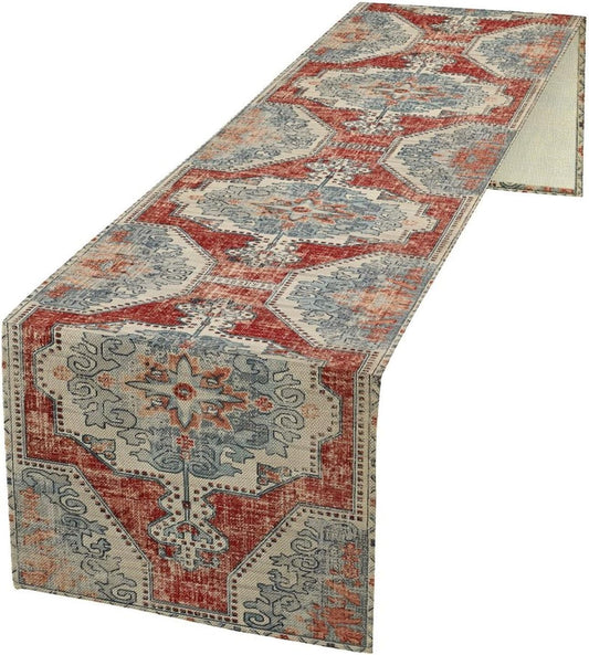 Boho Floral Vintage Table Runner, Retro Blue Red Flower Rustic Country Farmhouse Abstract Pattern for Home Kitchen Table Decor Dining Coffee Room Party Decor 13x90in