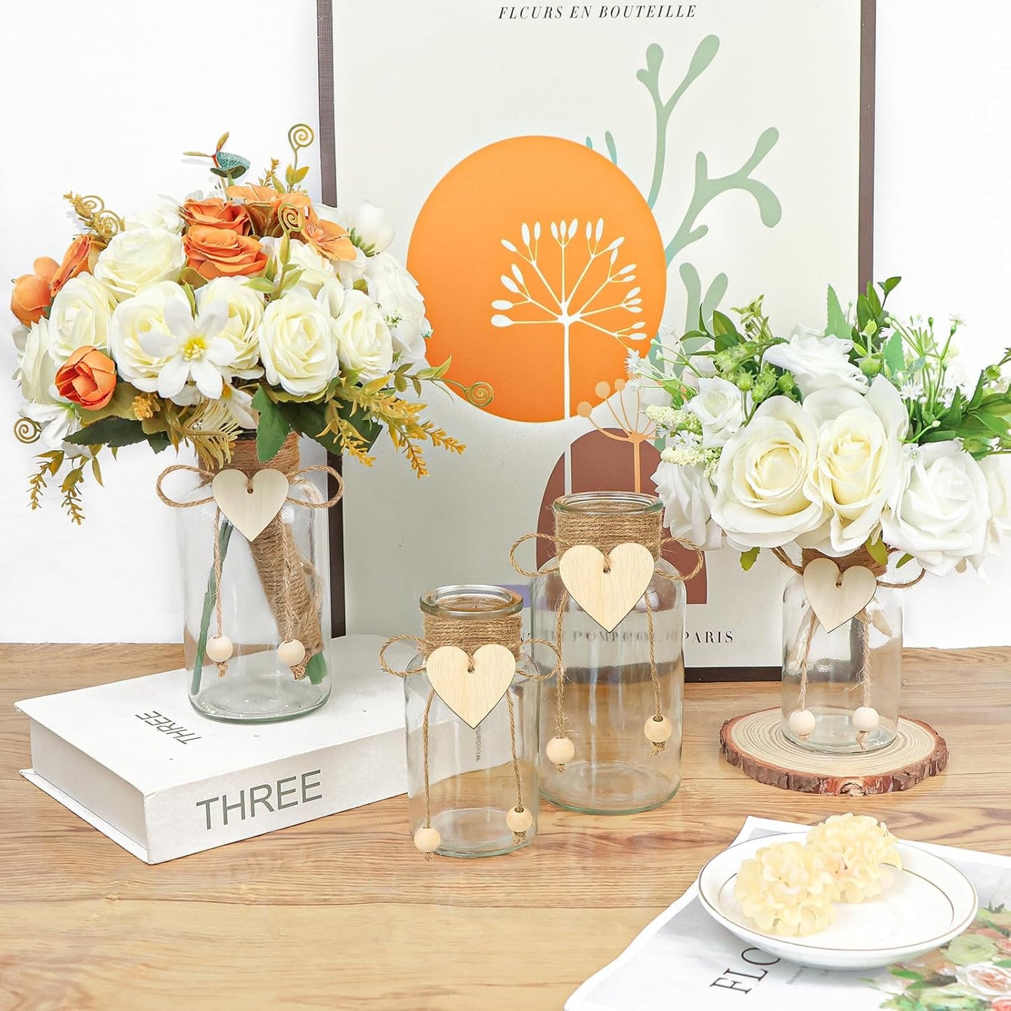 Vintage Glass Vases for Flowers, Set of 3 Mason Jar Vase Table Centerpieces for Farmhouse Room Decor, Wedding, Bridal Shower Bud Vase Set (Medium)