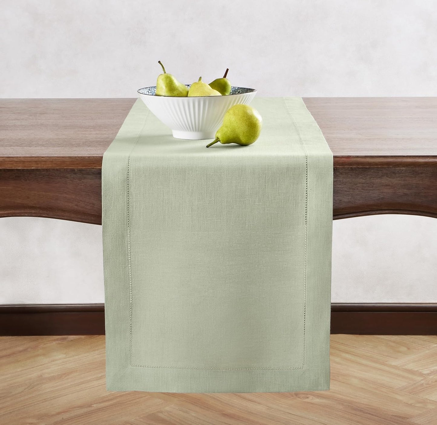 Linen Table Runner 14 x 120 Inch Long - 100% Pure Linen Christmas Sage Green Table Runner - Cloth Fabric Hemstitch Runner for Thanksgiving, Christmas, Winter, New Year - Elara