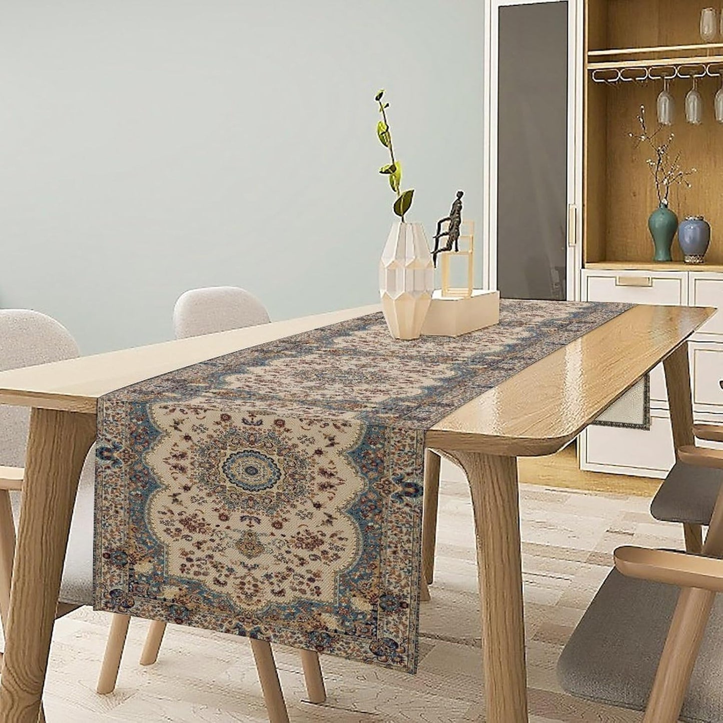 Boho Bohemia Style Table Runner, Vintage Blue Teal Gold Retro Flower Rustic Country Style Floral Print Pattern for Home Kitchen Table Decor Dining Coffee Room Garden Party Decor 13x36in