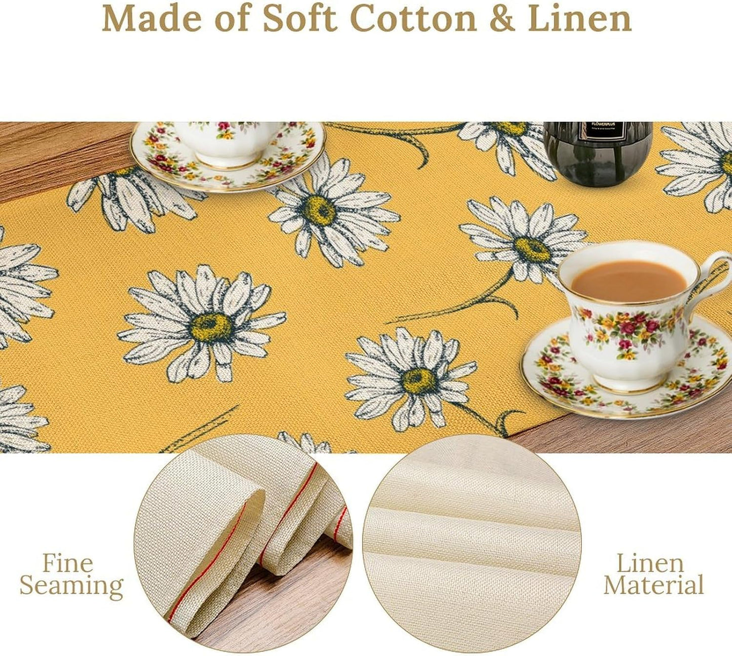 Farmhouse Floral Table Runner, Spring Seasonal Daisy Flower Retro Wooden Country Table Center Decor for Home Kitchen Dining Patio Holiday Party Indoor Outdoor Table Decorations, 13"x90" Inch