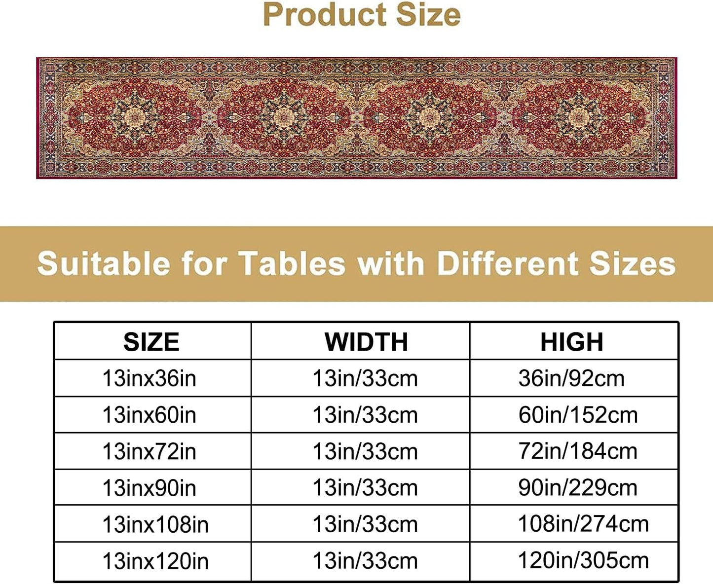 Vintage Boho Floral Table Runner, Rustic Country Farmhouse Red Gold Bohemia Flower Pattern for Home Kitchen Table Decor Dining Coffee Room Party Decor 13x72in