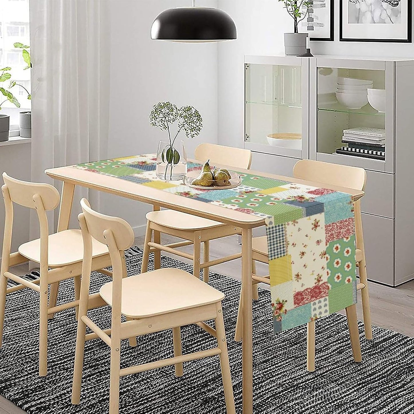 Patchwork Boho Table Runner,Vintage Colorful Floral Plaid Polka Dot Print Tablecloth Burlap for Hotel Indoors Outdoor Dining Room Kitchen Home Decor,W13X L70 in