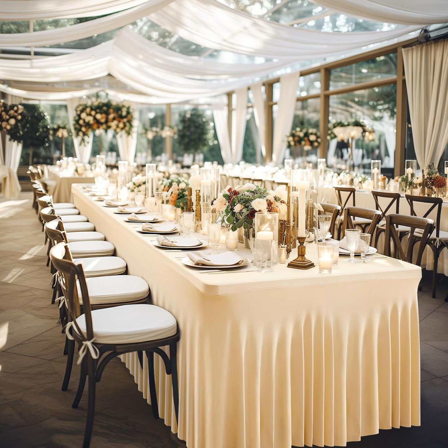 Wish Care 2 Pack Champagne Spandex Table Clothes for 8 Foot Rectangle Tables, 8FT Wrinkle Free Fitted Tablecloths Ruffles Design Table Cover for Party, Banquet, Wedding and Events