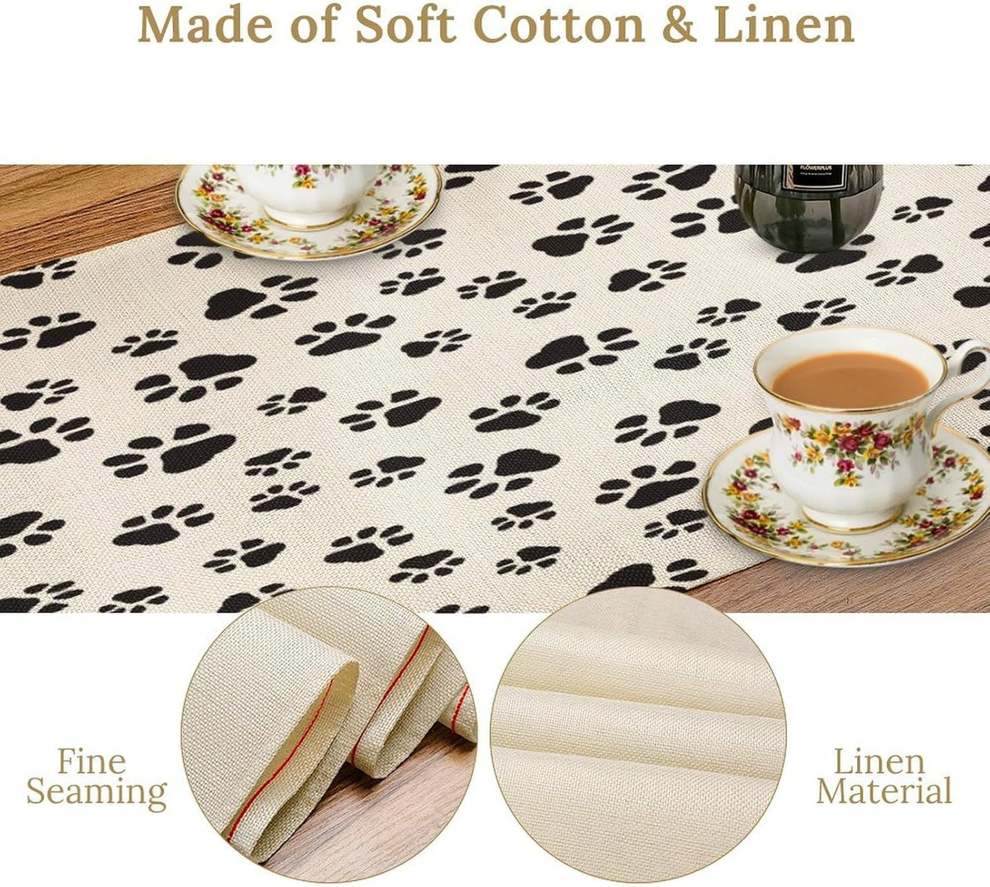 Dog Paws Table Runner,Cartoon Cute Black White Animal Footprints Abstract Tablecloth Burlap for Hotel Indoors Outdoor Dining Room Kitchen Home Decor,W13X L36 in