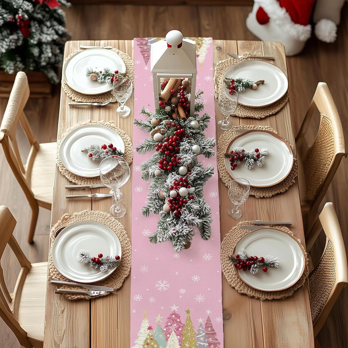 GEEORY Christmas Table Runner 13x90 Inch, Xmas Trees Snowflakes Holiday Decorative Farmhouse Table Decoration for Kitchen Dinning, Indoor Outdoor Dinner Party Decor (Pink) GT153-90