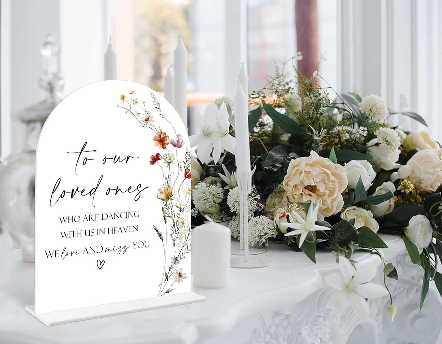 Boho Floral Wedding Memorial Sign, 6 x 8 Inch White Arch Acrylic Wedding Sign with Holder, Wedding Sign for Ceremony and Reception, Wedding Decoration, Wedding Supplies - BX11