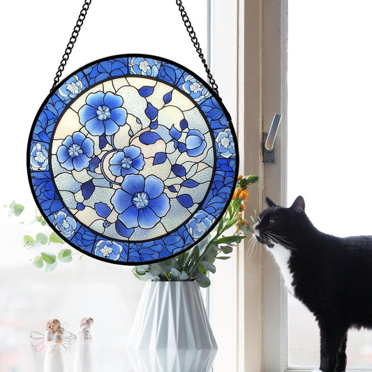 Stained Glass Window Hanging, Blue and White Plum Blossom Sun Catcher for Door Home Decor Flowers Suncatcher Christmas Mother's Day Birthday Gifts for Women Men Mom and Nana 7.8 in