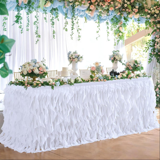 Partisky White Tulle Curly Willow Table Skirt for Rectangle Table 14ft, Ruffle Tutu Table Cloth for Wedding,Bridal Shower, Baby Shower,Birthday Party