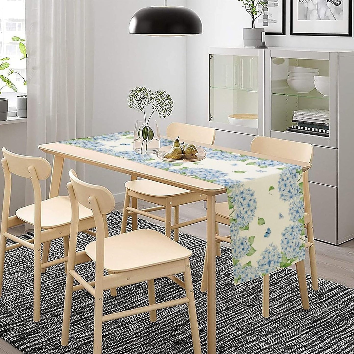 Watercolor Hydrangea Flower Table Runner, Spring Summer Seasonal Plants Butterfly Blue Dinner Runner for Home Kitchen Dining Table Party Holiday Decoration 13"x70"