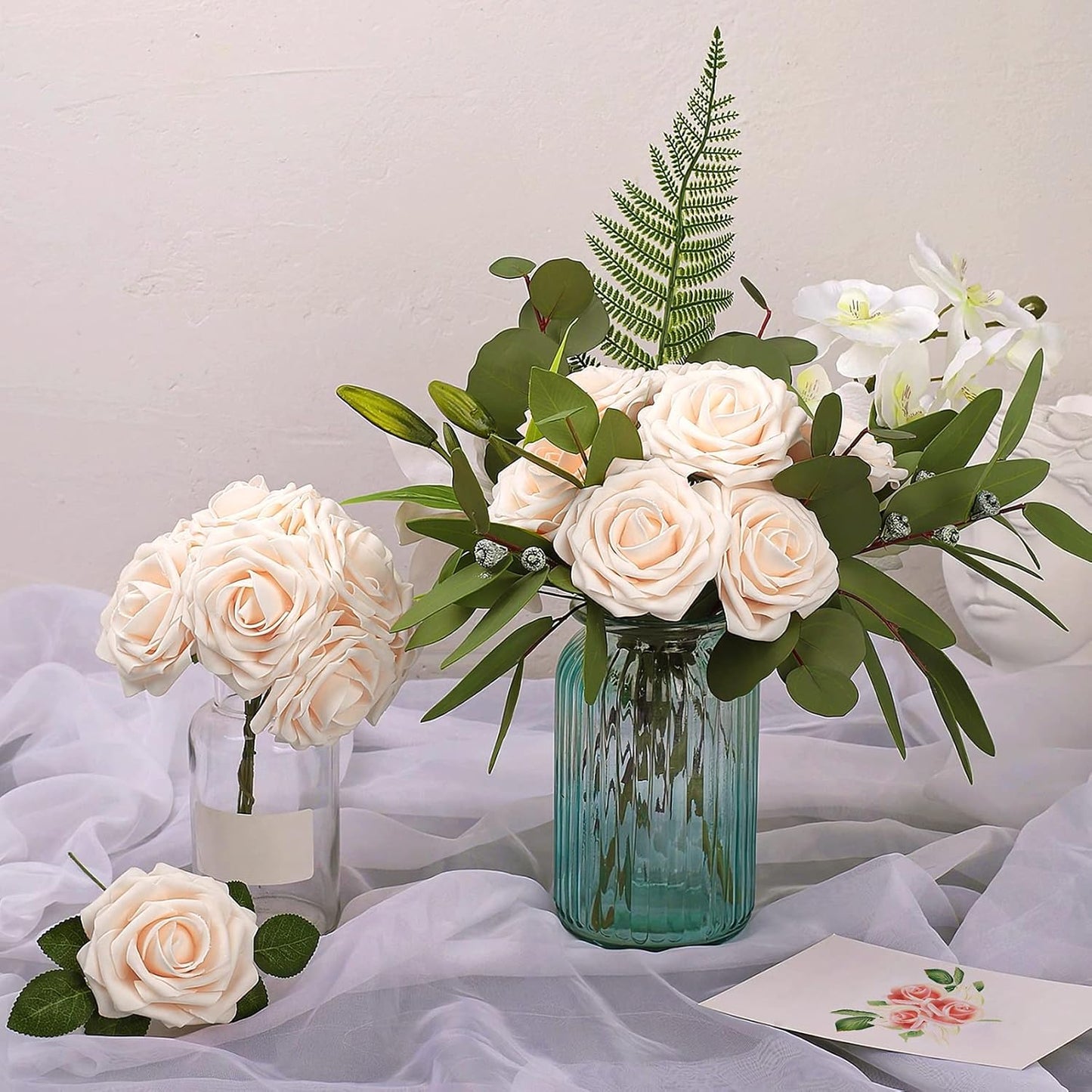 AmyHomie Artificial Flower Champagne Rose 25pcs Real Looking Fake Roses w/Stem for DIY Wedding Bouquets Centerpieces Arrangements Party Baby Shower Home Decorations