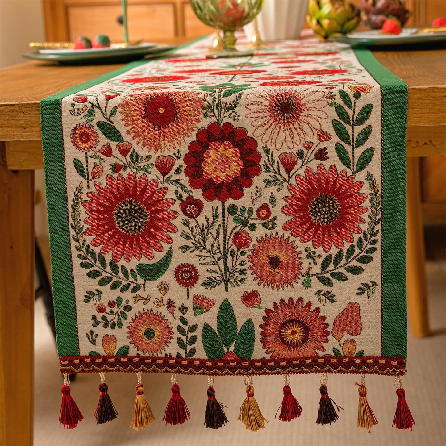 13×72 Inch Table Runner, Retro-Luxury Tassels Series for Kitchen Dining Table Holiday Decoration (Spring Blossom)