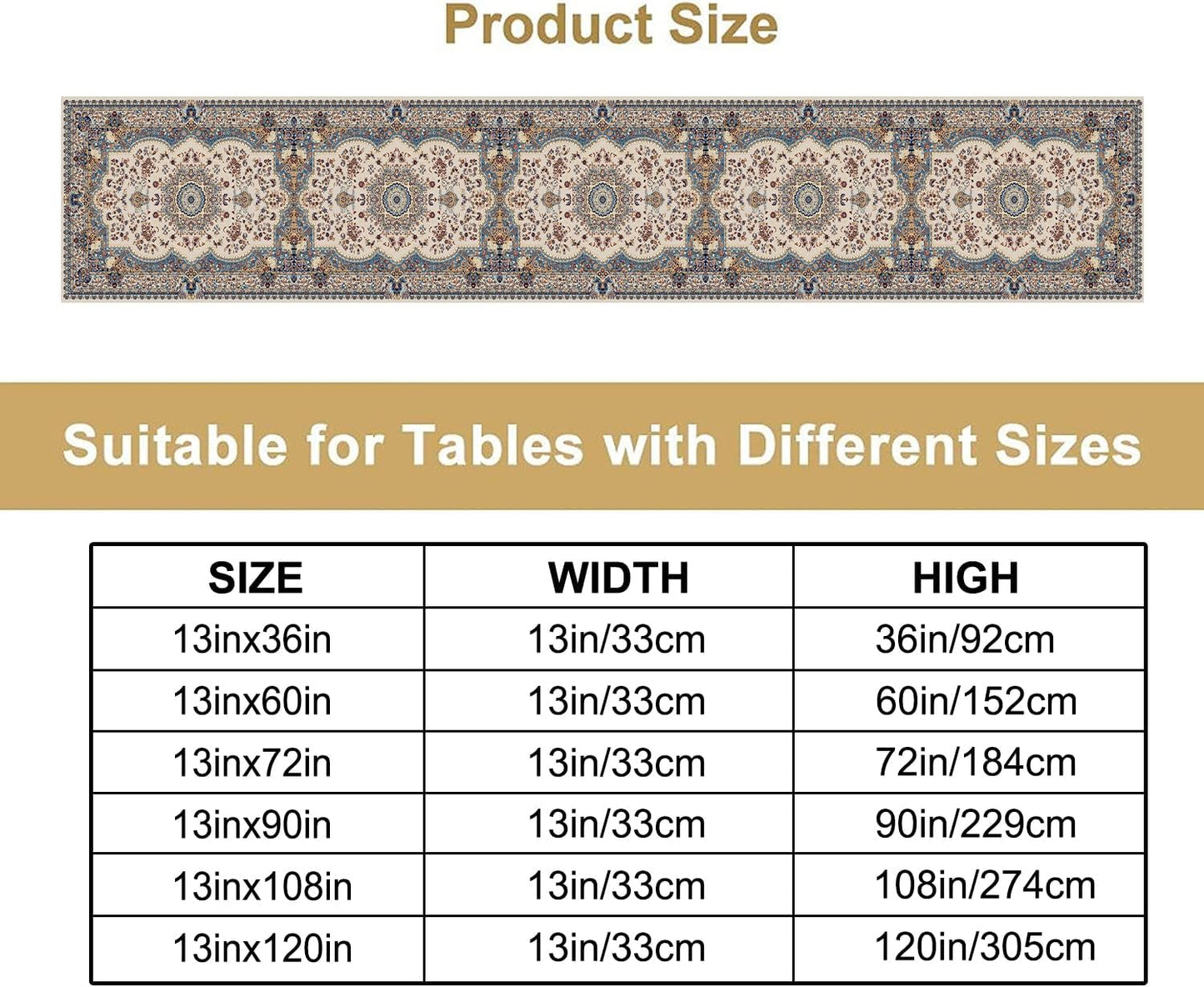 Boho Bohemia Style Table Runner, Vintage Blue Teal Gold Retro Flower Rustic Country Style Floral Print Pattern for Home Kitchen Table Decor Dining Coffee Room Garden Party Decor 13x72in
