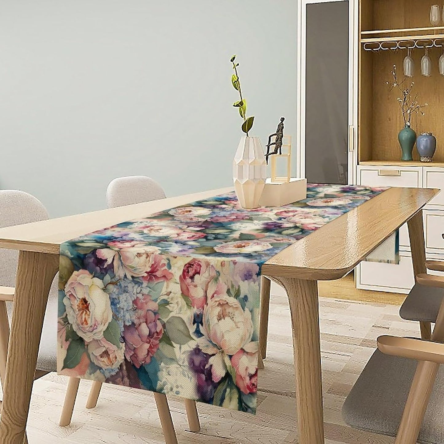 Vintage Floral Table Runner,Girls Women Rose Romantic Leaf Botanical Watercolor Pattern Print Burlap for Hotel Indoors Outdoor Dining Room Kitchen Holiday Party, 13x60in