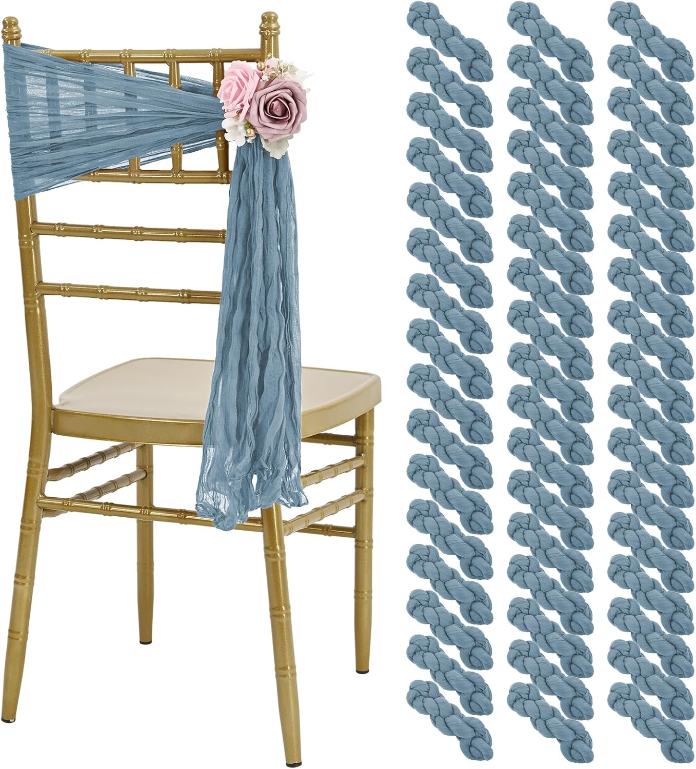 50 PCS Cheesecloth Chair Sashes, Bows Designed ChairSashes, 15.7x70 inch Chair Sashes for Aisle Decorations Universal Chairs Cover Decoration for Wedding Reception Party Banquet (Dusty Blue)