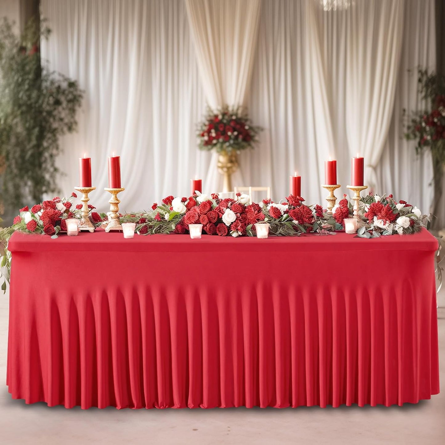 Wish Care 2 Pack Red Spandex Table Clothes for 6 Foot Rectangle Tables, 6FT Wrinkle Free Fitted Tablecloths Ruffles Design Table Cover for Party, Banquet, Wedding and Events