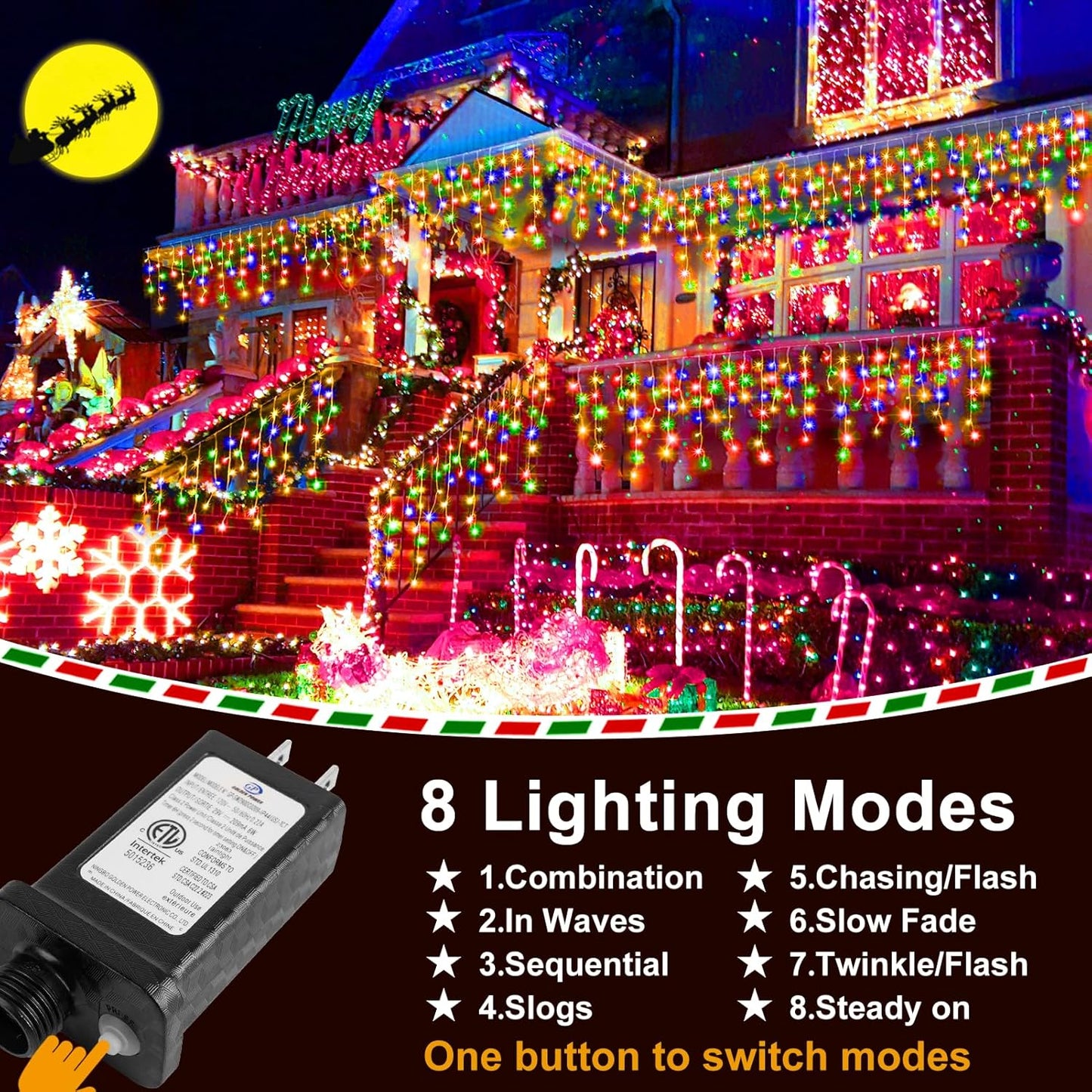 KNONEW 99ft 1216 LED Christmas Lights Outdoor 8 Modes Curtain Fairy String Light with 228 Drops, Clear Wire LED String Light Decor for Wedding Party Christmas Decorations(Multicolor)