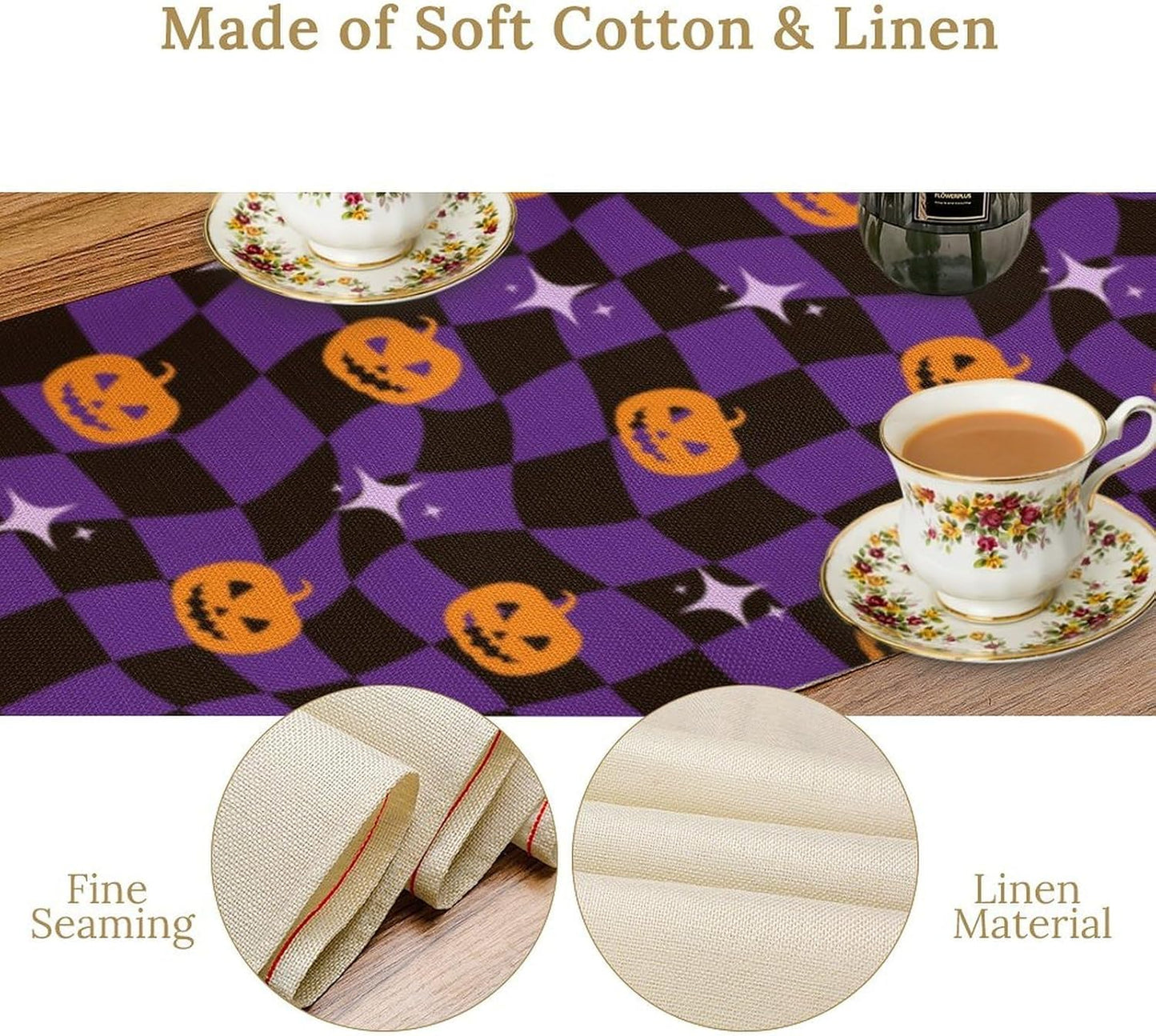 Halloween Table Runner,Purple Checkered Pumpkin Table Runner for Kitchen Dining Table Decoration Home Party Decor 13x120 Inch