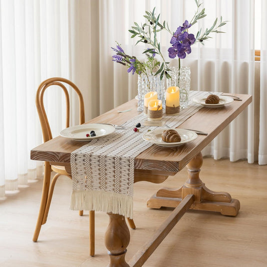 Boho Table Runner White for Home Decor 12x48 Inches Farmhouse Macrame Burlap Jute Rustic Dining Kitchen Centerpiece Bohemian Decor French Country Baby Bridal Shower Decorations