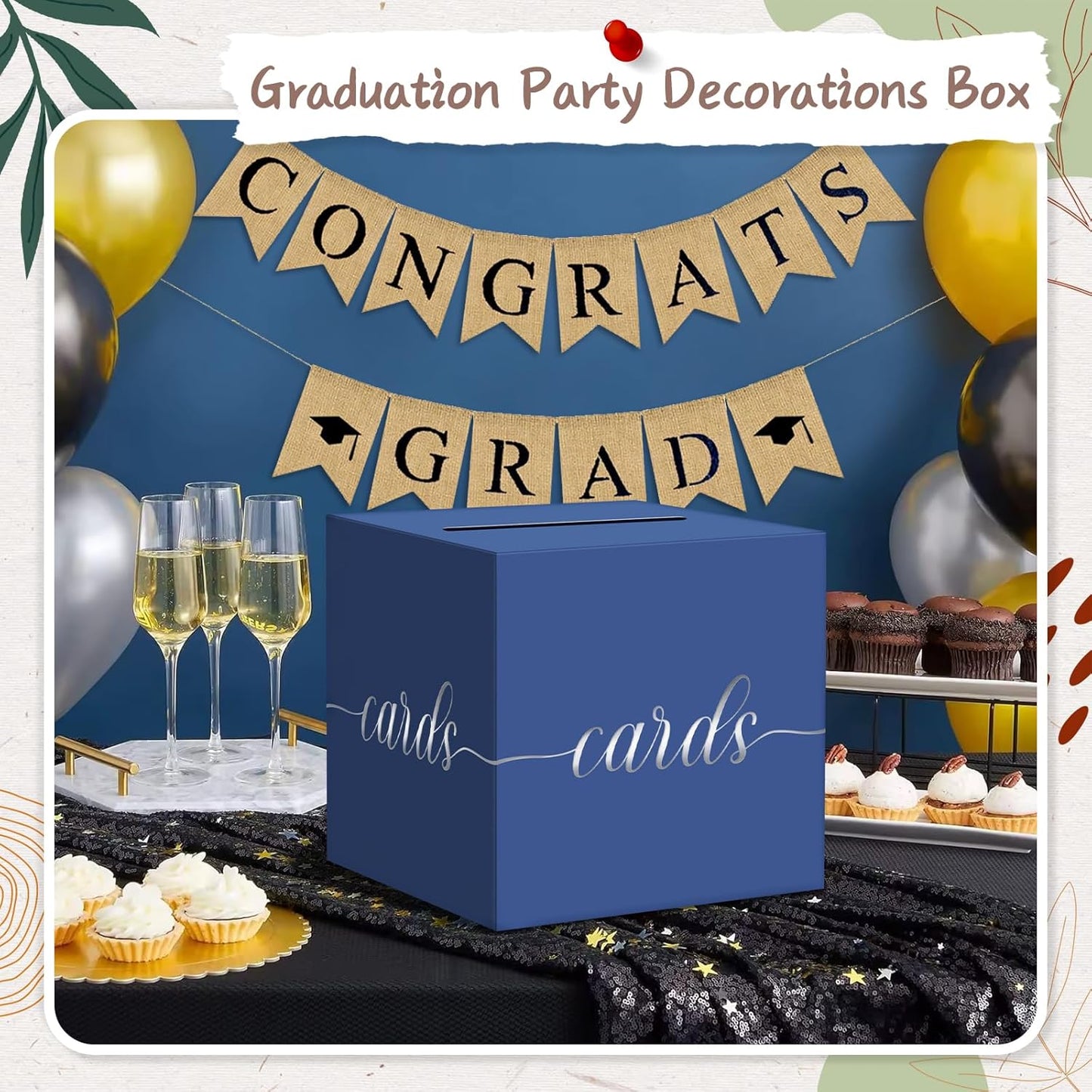 QIKSION Navy Blue Graduation Card Box, Silver Foil Gift Card Box for Graduation, Party, Wedding Reception, Birthday, Baby Shower, Raffle