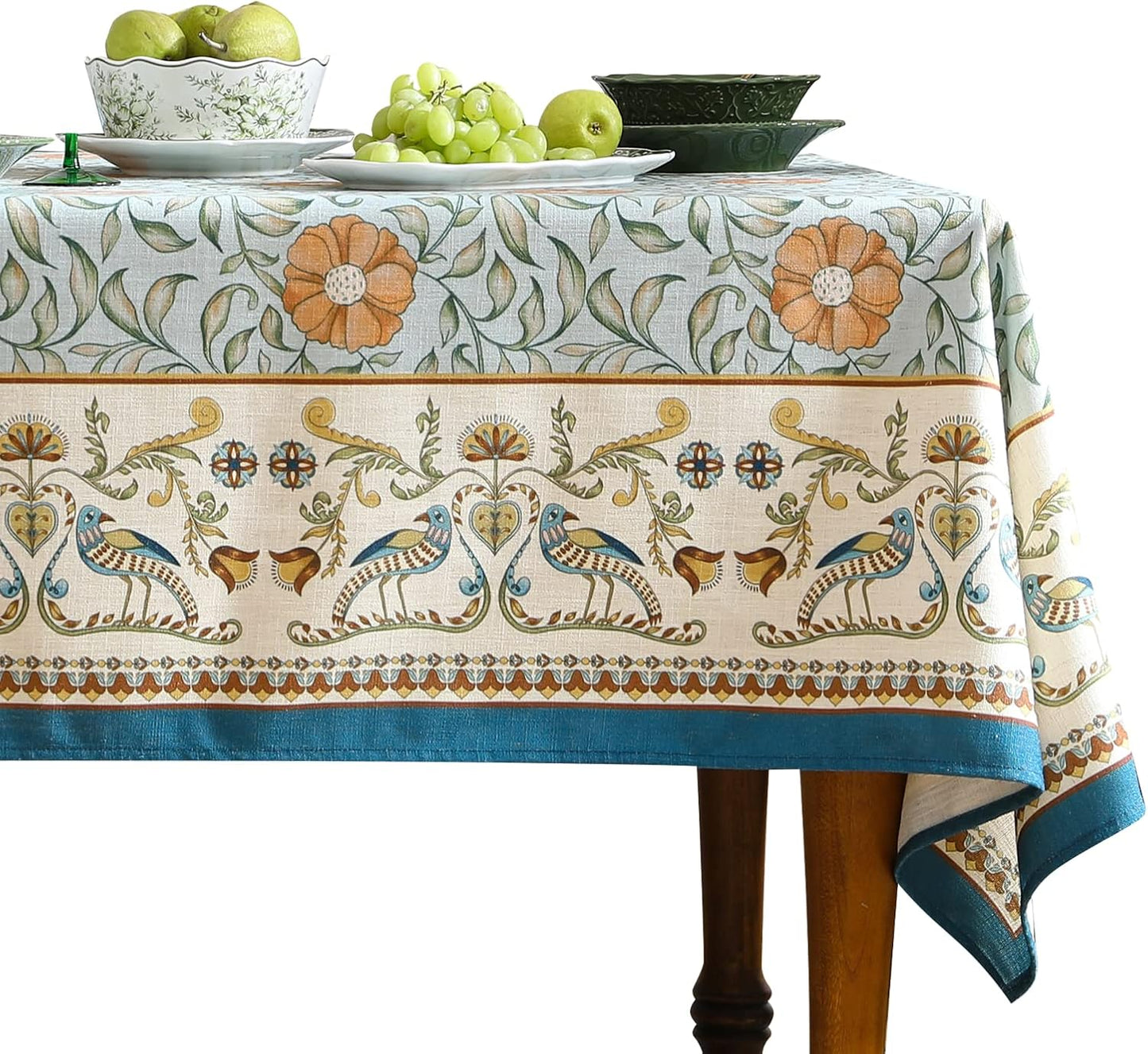 patdrea Designer French Linen Blue Tablecloth for Rectangle Table,Vintage Floral Table Cloth,Colorful Decoration Fall Cover Kitchen Dining for Thanksgiving,Tea Party,Christmas,55"x71"-Wensel
