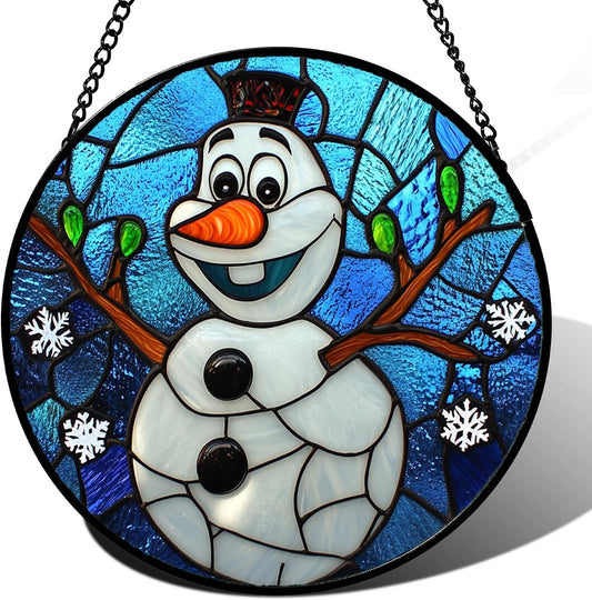 Stained Glass Window Hanging Christmas Funny Snowman 9.8" - Suncatcher Door Garden Blue White Snowflakes Sun Catcher New Year Birthday for Friend Mom Men Woman Nana