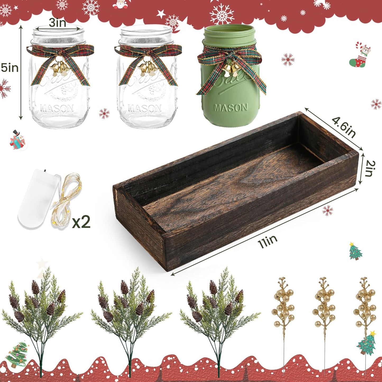 3 Pcs Mason Jar Centerpiece Decorations for Christmas Table Decor Farmhouse Coffee Table Decor Christmas Kitchen and Room Decor,Green