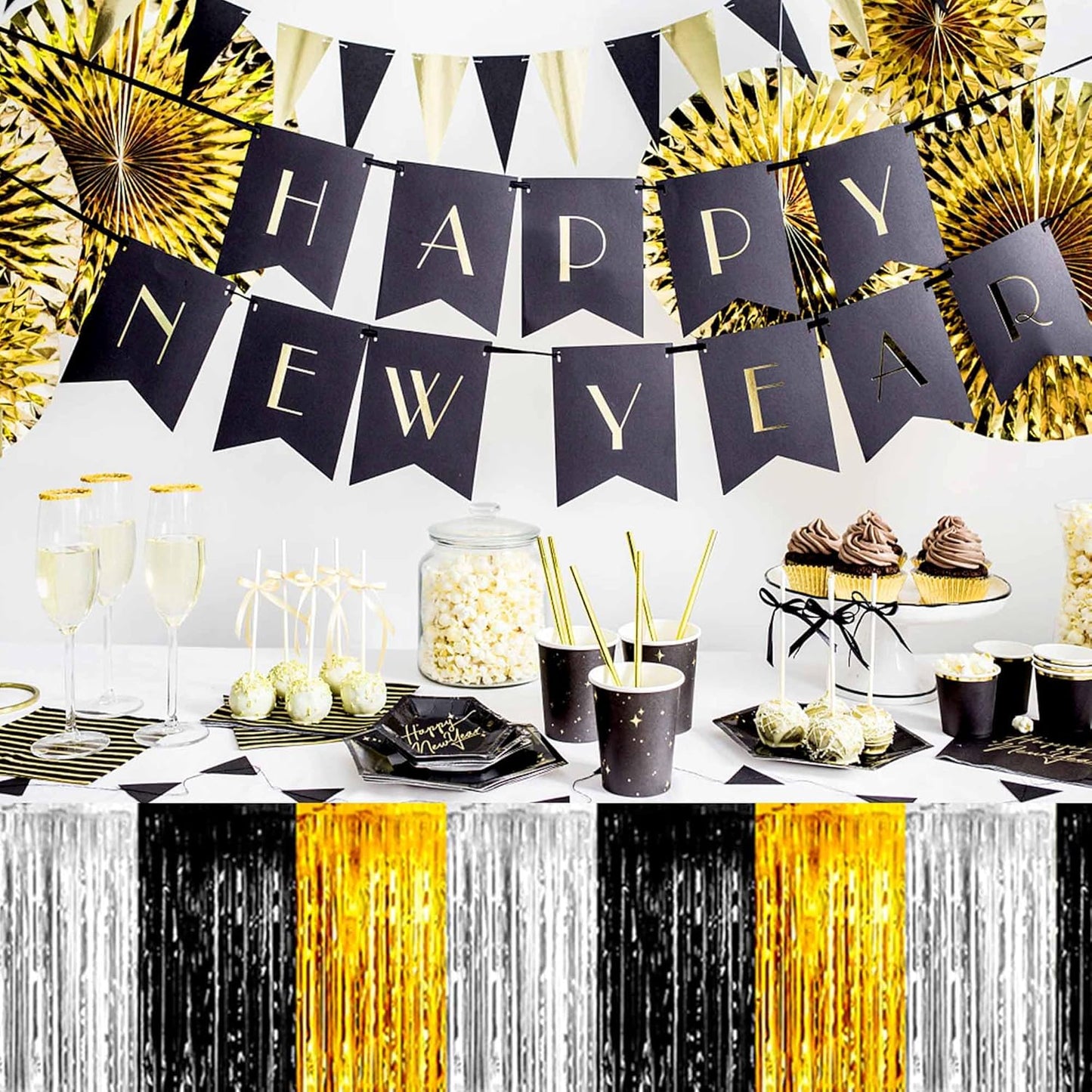 3 Pack Black Gold Silver Foil Fringe Table Skirts Metallic Tinsel Streamers Garland Banner Backdrop for Table Decor, Parade Float, Birthday, Wedding, Halloween, Christmas Party Decorations(29x108 In)