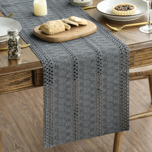 Artoid Mode Dark Grey Farmhouse Woven Rustic Hollow Table Runner, Seasonal Holiday Hollow Kitchen Dining Table Decoration for Home Party Decor 12x72 Inch