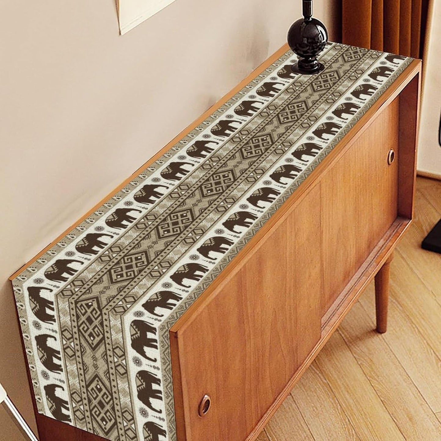 Ethnic Table Runner, Rustic Farmhouse Boho Indian Bohemian Elephant Aztec Tribal Print Beige Table Center Decor for Home Kitchen Dining Patio Holiday Party Indoor Table Decorations, 13"x72" Inch