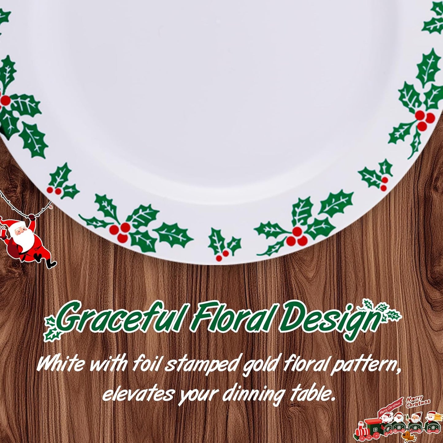 WDF 350pcs Christmas Plates and Napkins Set - Exquisite Holly Design - Christmas Dinnerware Set of 50 Plastic Plates 50 Red Silverware Set&Cups& Napkins