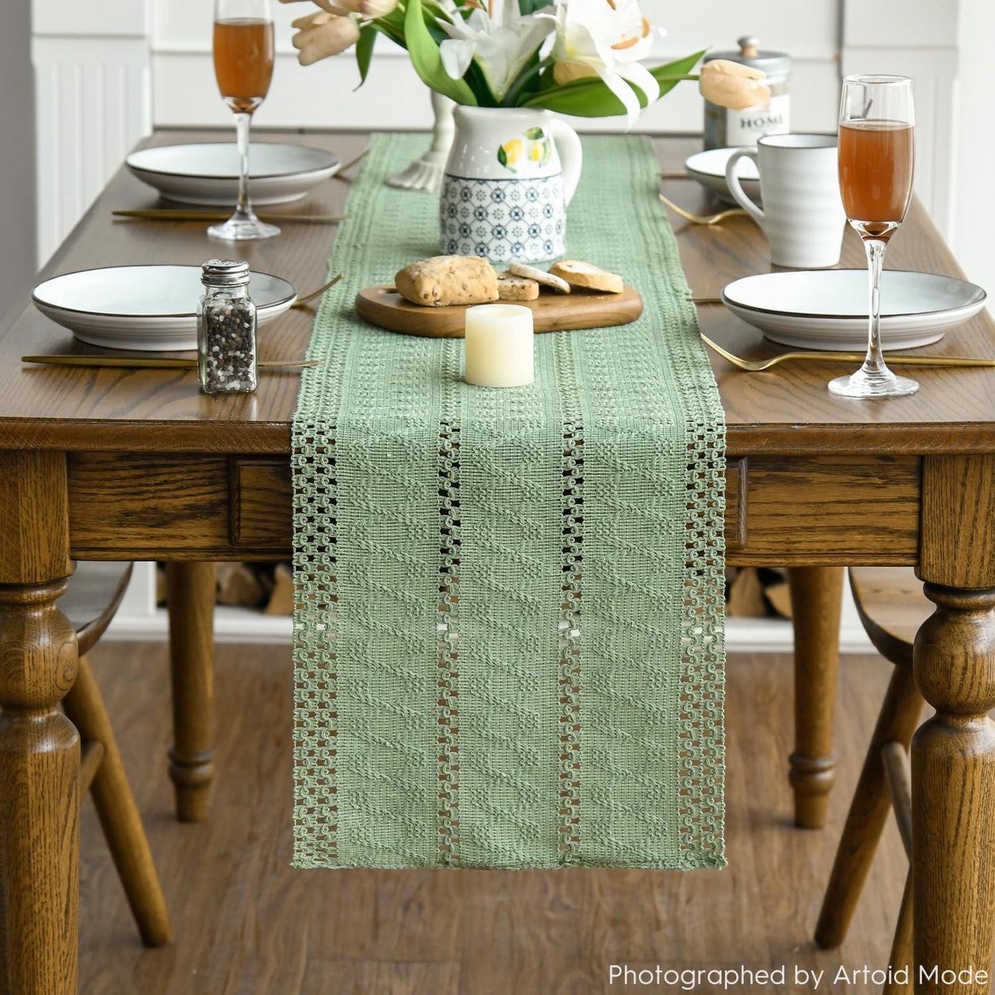 Artoid Mode Light Green Farmhouse Woven Rustic Hollow Table Runner, Seasonal Holiday Hollow Kitchen Dining Table Decoration for Home Party Decor 12x72 Inch