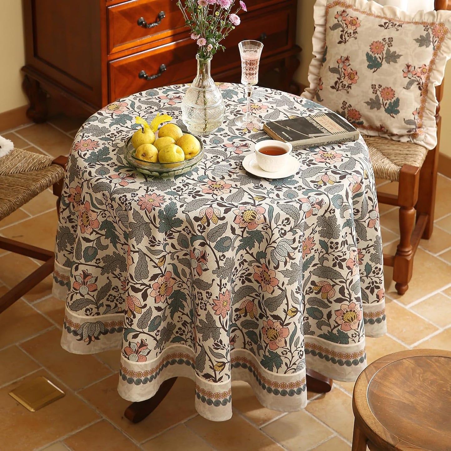 ISAENNE Designer Boho Floral Small Round Tablecloth,Linen Lotus Flower Pattern Colorful Table Cloth,Durable Decor Tablecloths for Dining Thanksgiving Kitchen Christmas,Diameter 55"-Hazel A