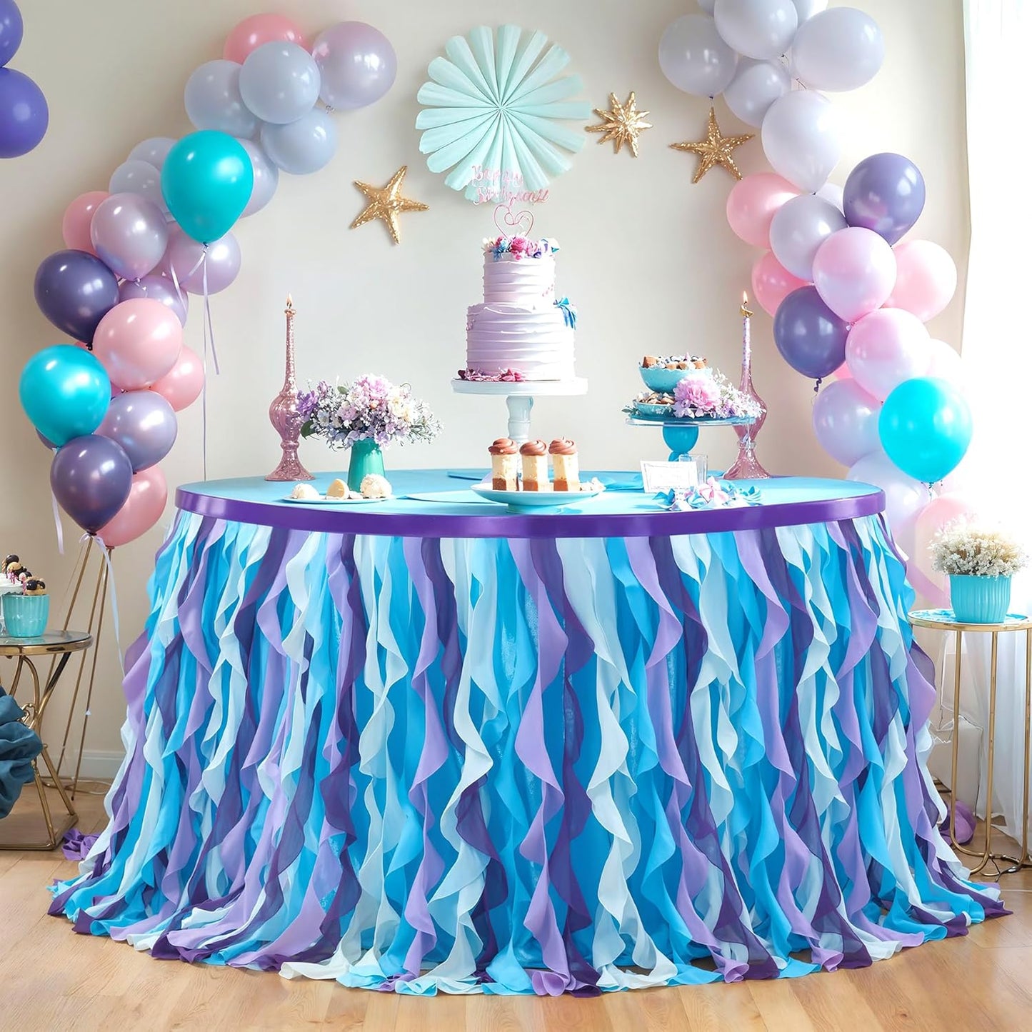 PARTISKY Mermaid Tulle Tutu Ruffle Curly Willow Table Skirt for Rectangle Table 6ft, Mermaid Themed Party Table Cloth for Girls Birthday Party or Baby Shower