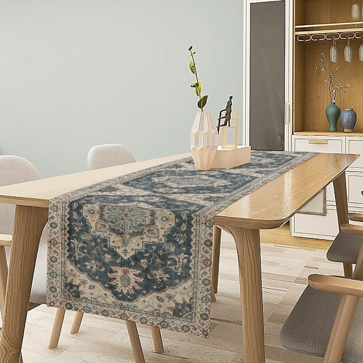 Boho Bohemia Style Table Runner, Vintage Blue Retro Flower Rustic Country Style Floral Print Pattern for Home Kitchen Table Decor Dining Coffee Room Garden Party Decor 13x36in