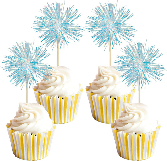 Gyufise 30Pcs Foil Firework Cupcake Toppers Sparkle Tinsel Cake Toppers Tinsel Drink Cake Decoration Cocktail Picks for Birthday Wedding Graduation Party Supplies Laser Blue