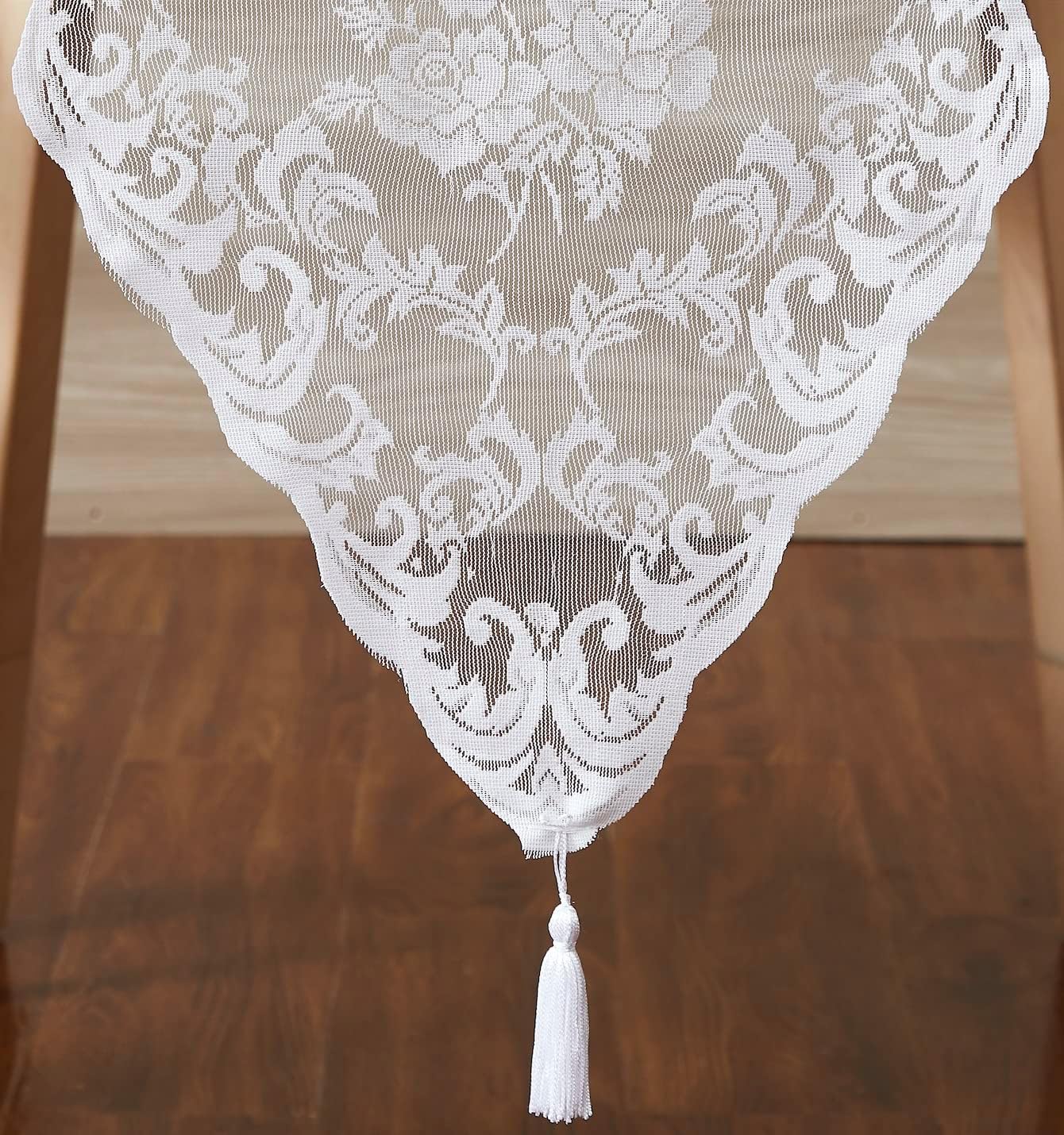 LinenZone White Table Runner with 2 Tassels for Rustic Vintage Decor. Lace Table Runner Works Great As Wedding, Thanksgiving, Christmas Decor. (Mia 14 x 72, White)