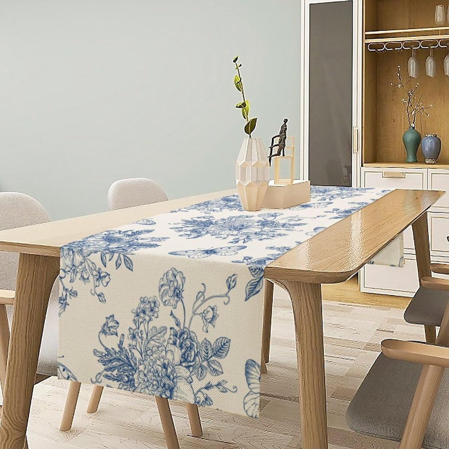 Monochrome Sketch Flowers Table Runner, Seasonal Spring Fall Plants Blue Florals Butterfly Dinner Runner for Home Kitchen Dining Table Party Holiday Decoration 13"x60"