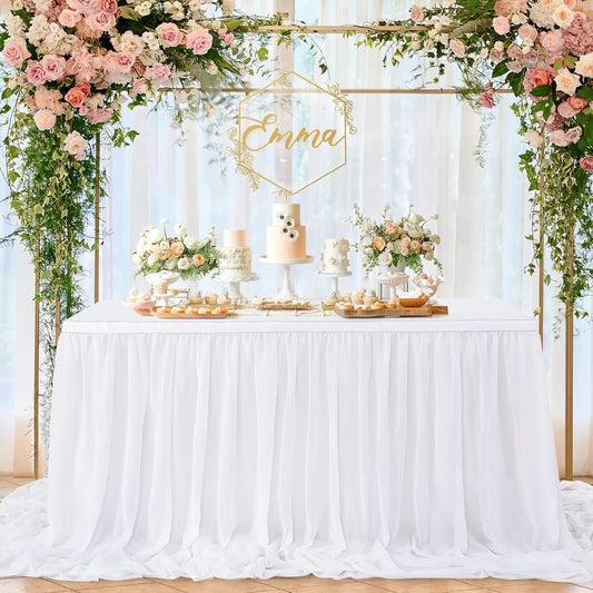 White Table Skirt for Rectangle Tables 14FT Chiffon Sheer Tablecloth for Birthday Party Sweetheart Cake Table Decoration