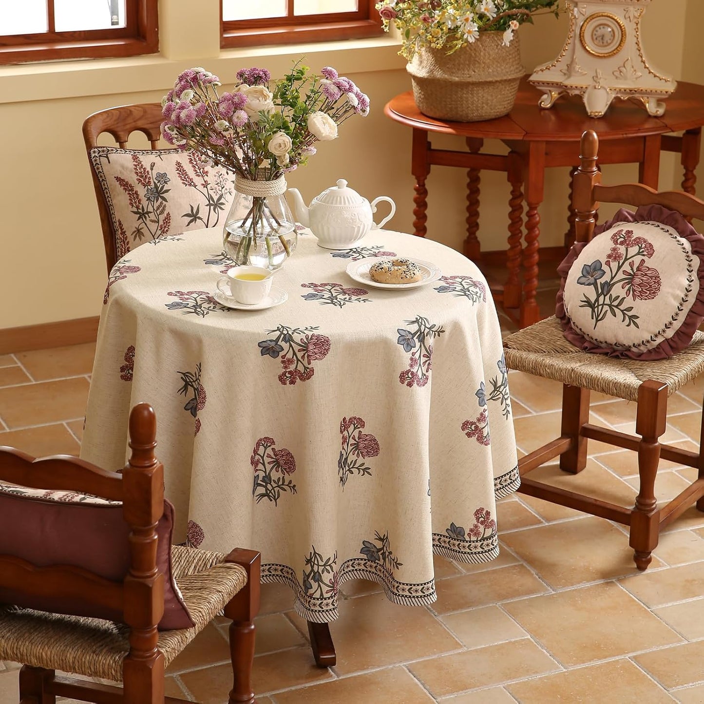 ISAENNE Designer Linen Light Beige Round Tablecloth,French Colorful Floral Table Cloth,Fall Stain Resistant Decor Tablecloths for Dining Thanksgiving Christmas Kitchen,Diameter 67"-Helena E