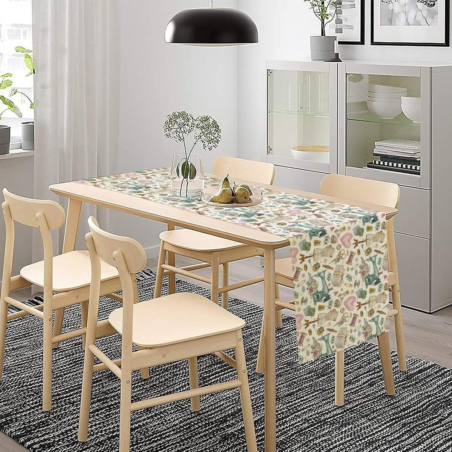 Sewing Theme Table Runner,Vintage Sewing Machine Tool Watercolor Pattern Print Tablecloth Burlap for Hotel Indoors Outdoor Dining Room Kitchen Home Decor,W13X L70 in
