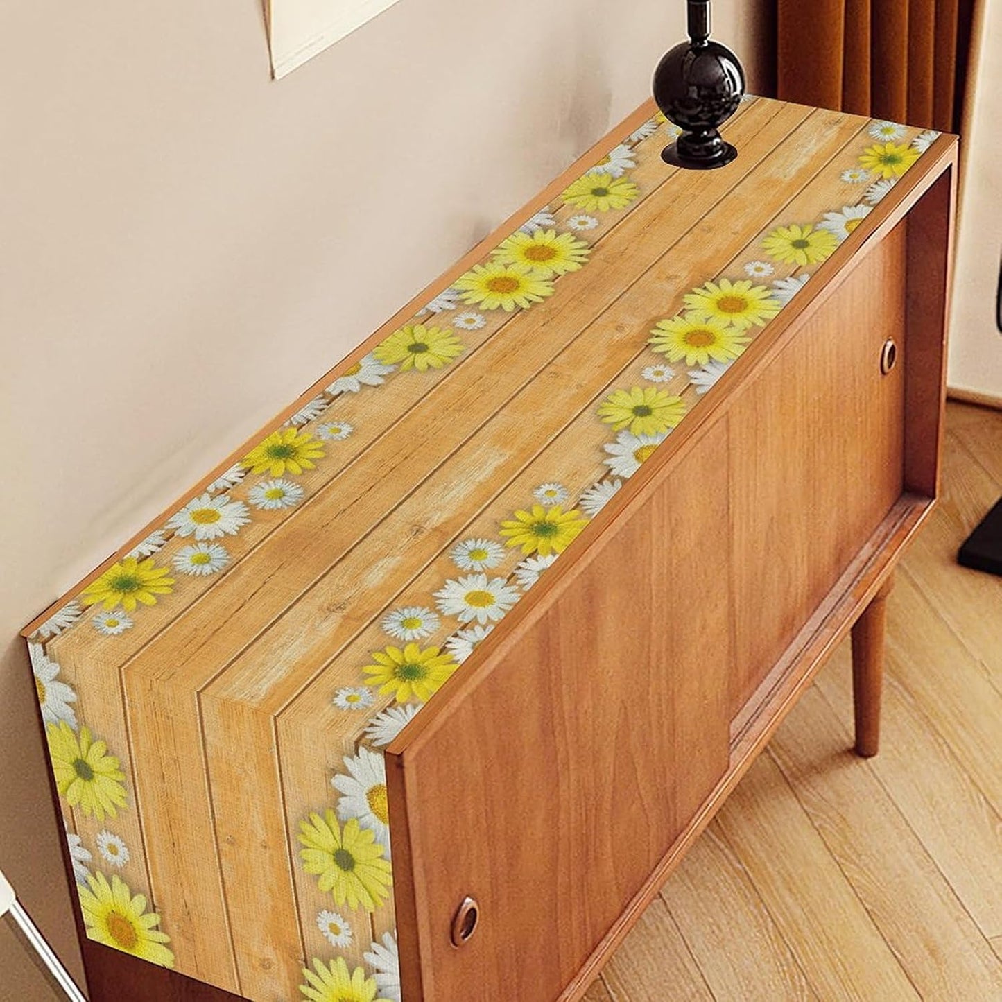 Farmhouse Floral Table Runner, Spring Seasonal Yellow Daisy Sunflower Retro Wooden Country Table Center Decor for Home Kitchen Dining Patio Holiday Party Table Decorations, 13"x90" Inch