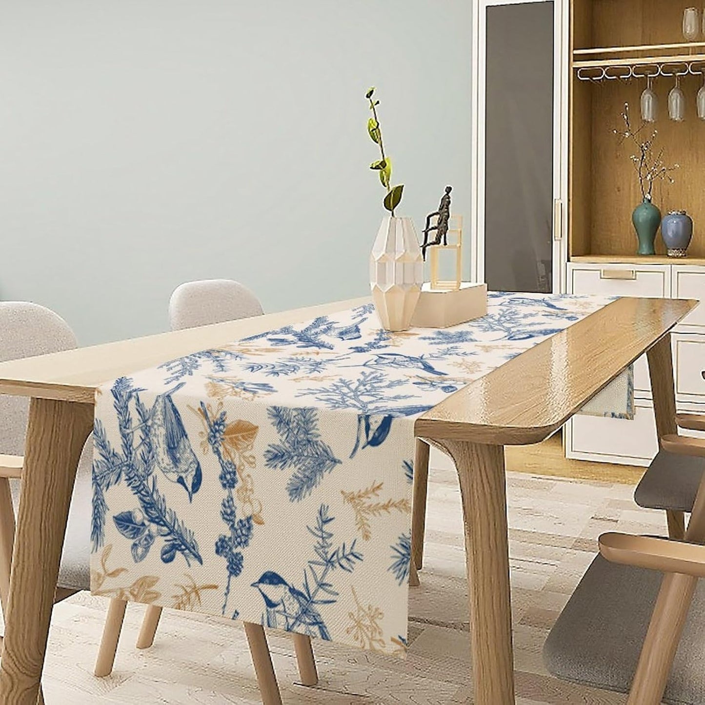 Chinoiserie Flowers Table Runner, Seasonal Spring Fall Plants Blue Florals Birds Dinner Runner for Home Kitchen Dining Table Party Holiday Decoration 13"x36"