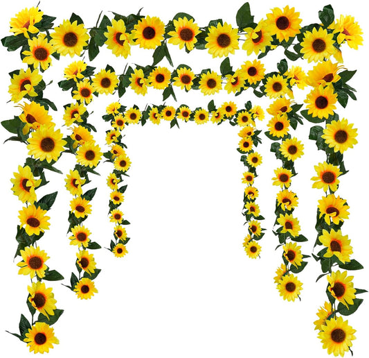 Uieke 3 Pack Artificial Sunflower Garland, 7.5ft/Strand Silk Sunflowers Hanging Vines Flowers with Green Leaves for Room Kitchen Garden Birthday Wedding Baby Shower Party Table Decor Large